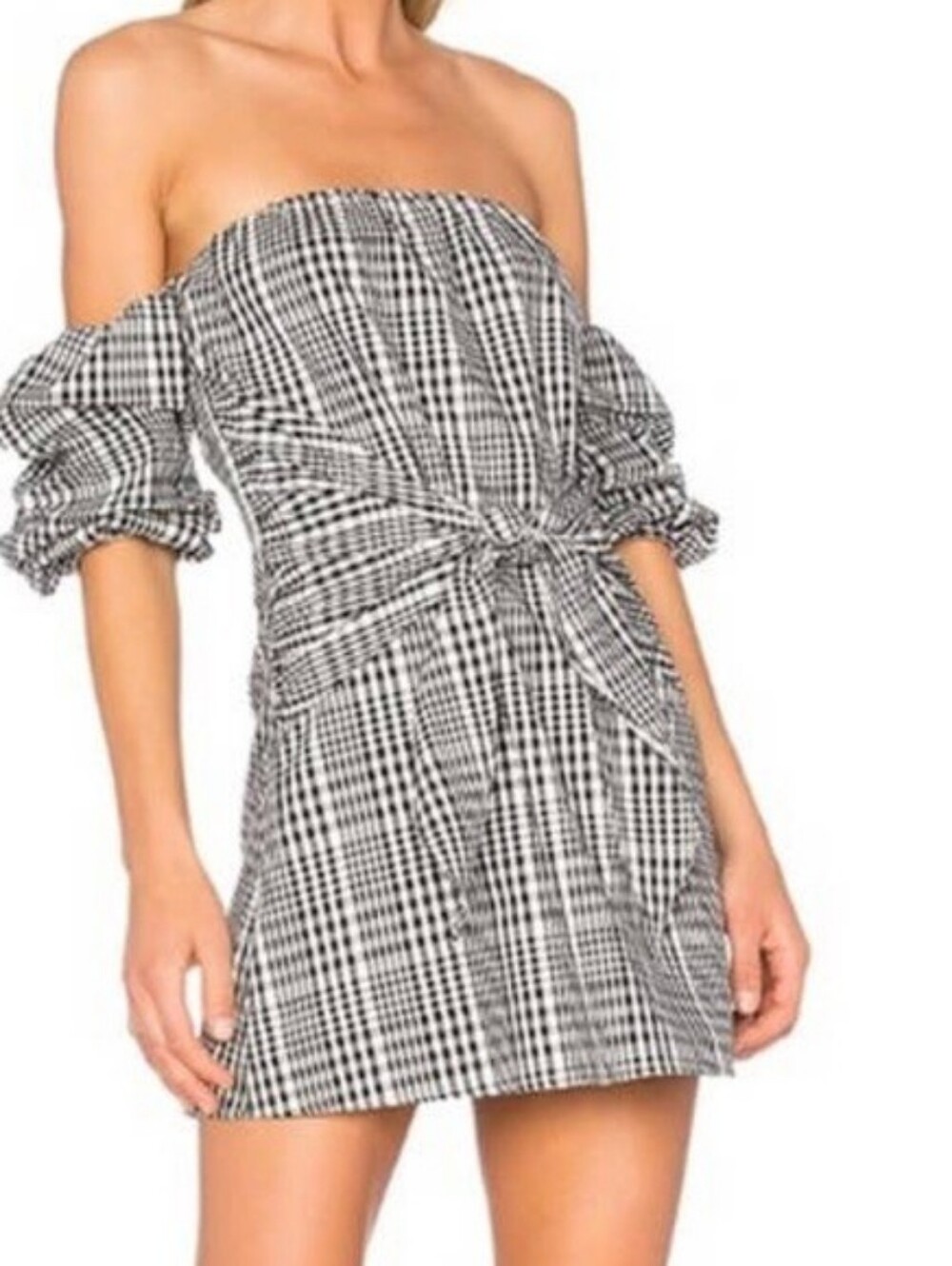 Lovers + Friends Dress Off-Shoulder Black & White Gingham Tie-Waist size Small